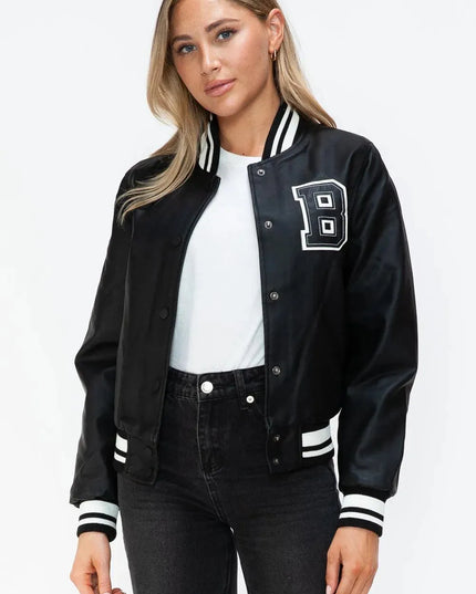 Love Me Now PU Leather Contrast Snap Down Bomber Jacket - ShopEasier