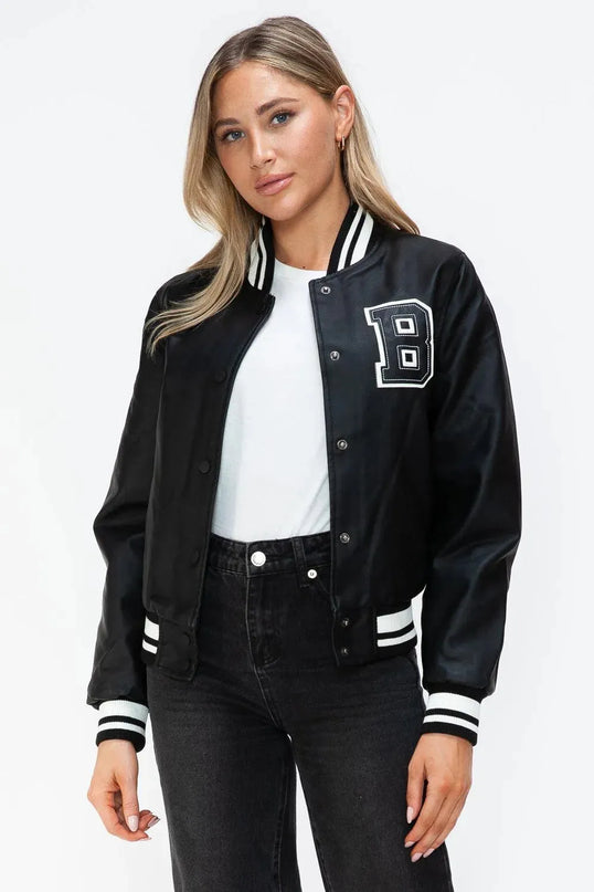 Love Me Now PU Leather Contrast Snap Down Bomber Jacket - ShopEasier