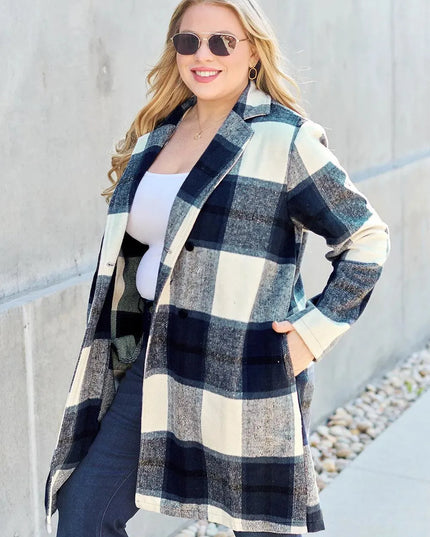 Plaid Button-Up Lapel Coat with Pockets - Full Size Double Take Design