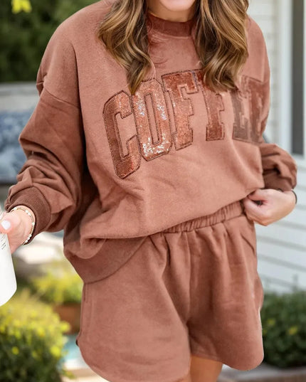 Sparkling Coffee Sequin Long Sleeve Top and Shorts Ensemble