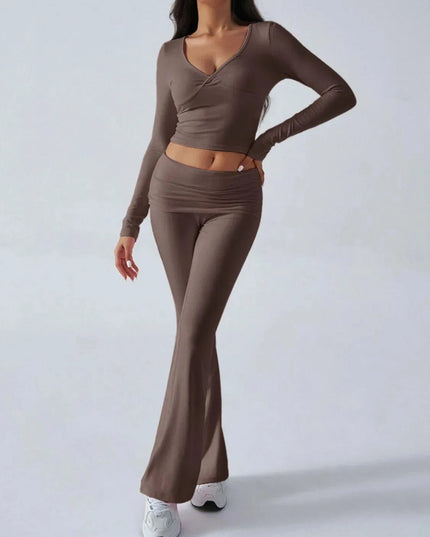 Chic Ruched Long Sleeve Top and Pants Ensemble