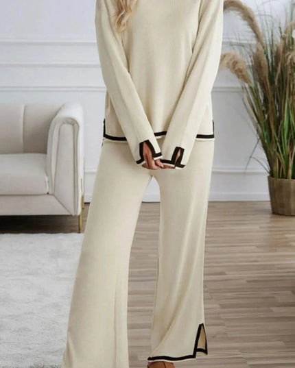 Two-Piece Contrast Trim Sweater Set with Round Neck Top and Pants