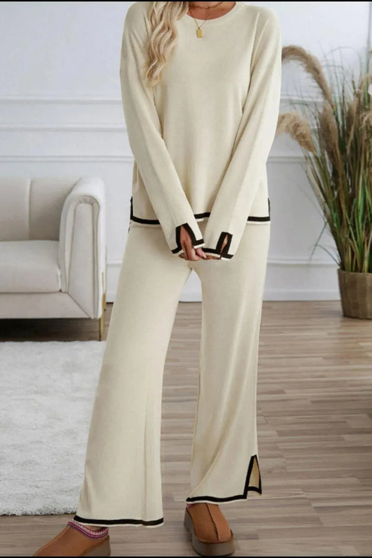 Two-Piece Contrast Trim Sweater Set with Round Neck Top and Pants