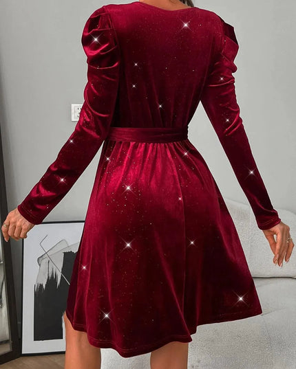 Glitter Round Neck Puff Sleeve Dress