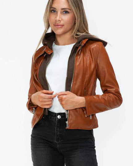 Snobbish Faux Leather Zip Up Drawstring Hooded Jacket - ShopEasier