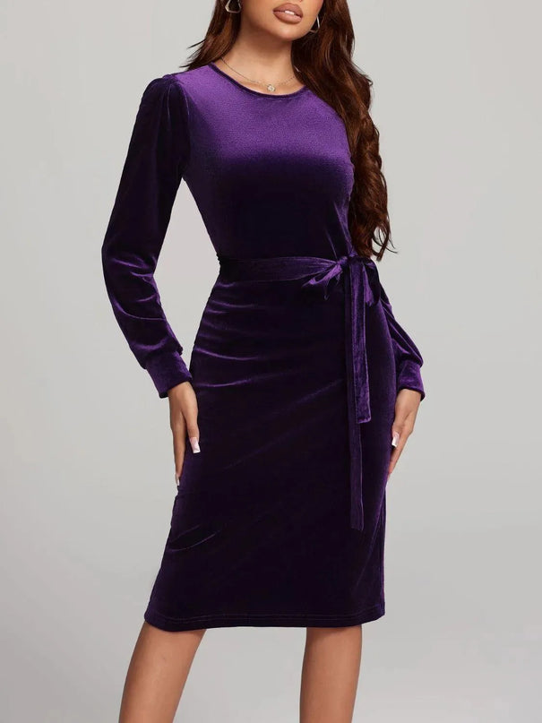 Round Neck Tie Waist Long Sleeve Velvet Dress - ShopEasier