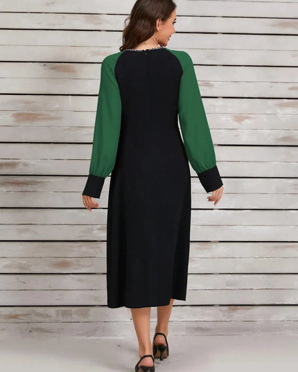 Ruched Contrast Long Sleeve Midi Dress