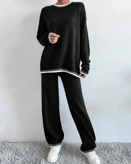 Side Slit Contrast Trim Round Neck Top and Pants Sweater Set