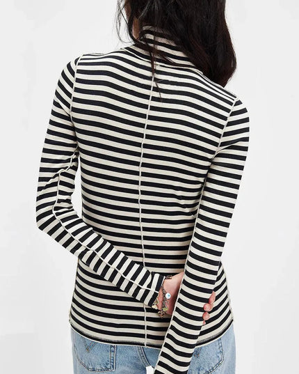 Striped Turtleneck Long Sleeve Tee with Exposed Seams