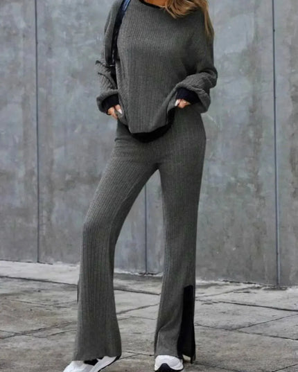 Contrast Round Neck Long Sleeve Top and Bootcut Pants Set