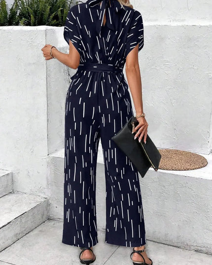 Tied Printed Mock Neck Wide Leg Jumpsuit - ShopEasier