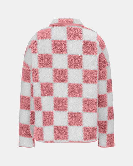 Checkered Snap Down Long Sleeve Teddy Jacket - ShopEasier