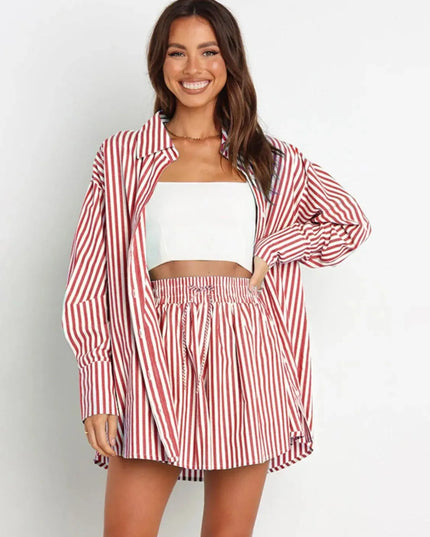 Striped Short Sleeve Button-Up Shirt and Shorts Combo Set