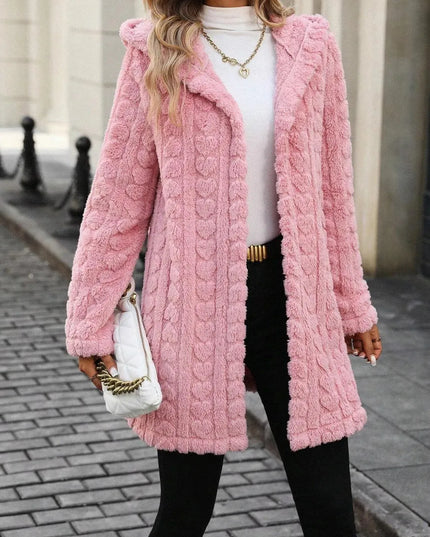 Fuzzy Heart Hooded Coat with Open Front