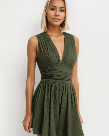 Ruched Deep V-Neck Sleeveless Jumpsuit