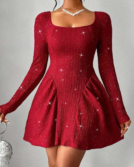 Backless Glitter Square Neck Long Sleeve Mini Dress