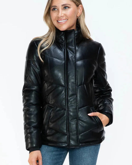 Snobbish Pocketed Zip Up Turtleneck Puffer Jacket - ShopEasier