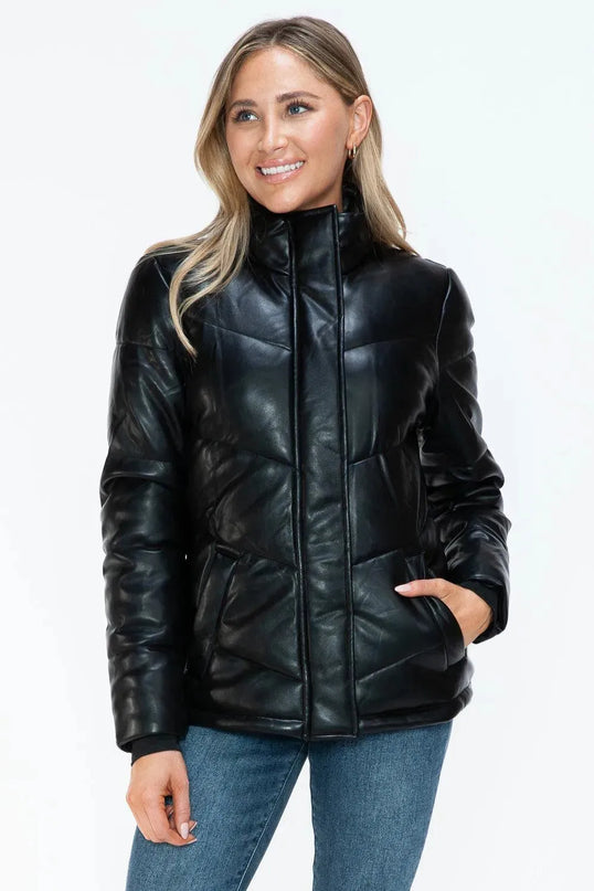 Snobbish Pocketed Zip Up Turtleneck Puffer Jacket - ShopEasier