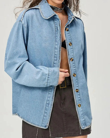 Button Up Collared Neck Denim Top - ShopEasier