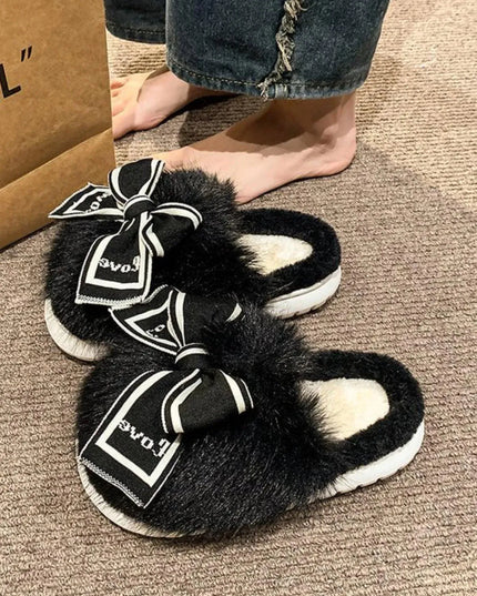 Faux Fur Bow Adorned Round Toe Slippers