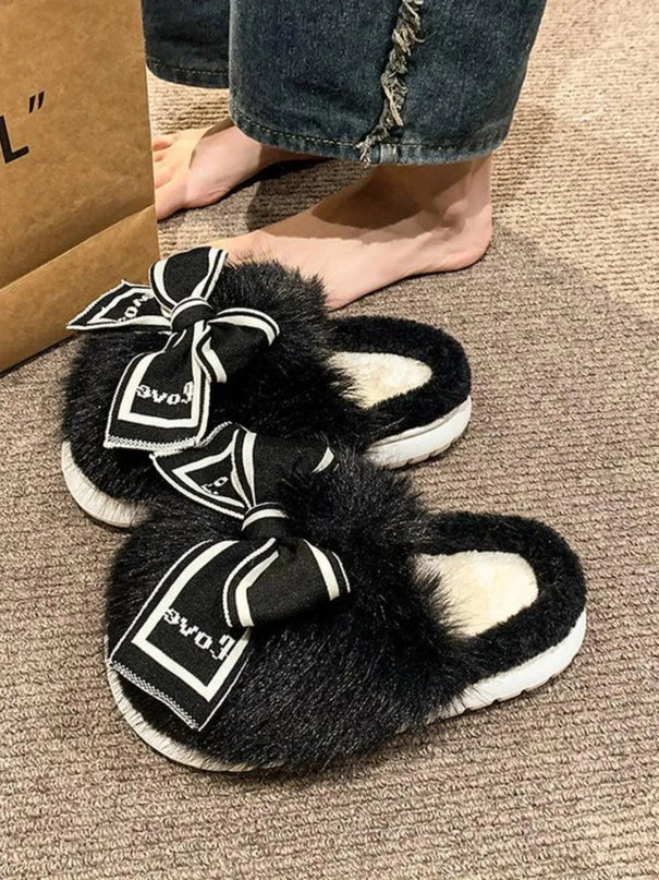 Faux Fur Bow Adorned Round Toe Slippers