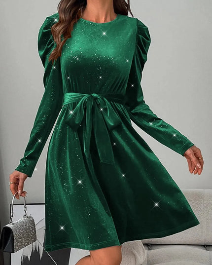 Glitter Round Neck Puff Sleeve Dress