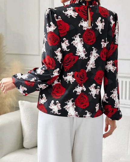 Frilled Floral High Neck Blouse with Long Sleeves