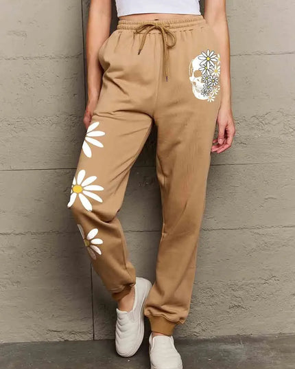 Casual Graphic Long Sweatpants with Drawstring - Flower & Skull Design