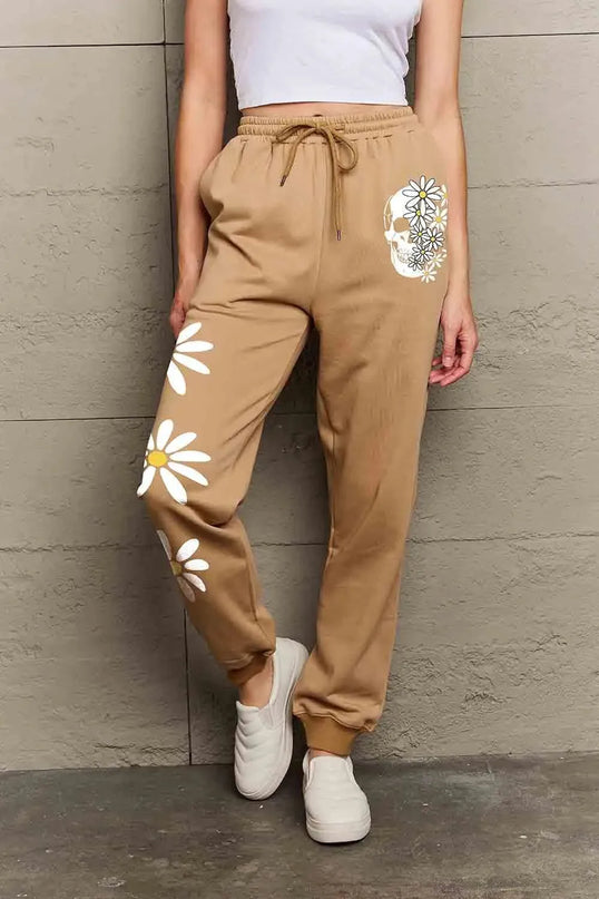 Casual Graphic Long Sweatpants with Drawstring - Flower & Skull Design