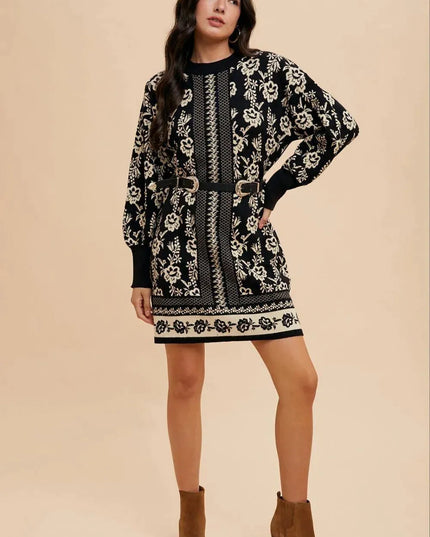 Annie Wear Floral Jacquard Round Neck Sweater Dress