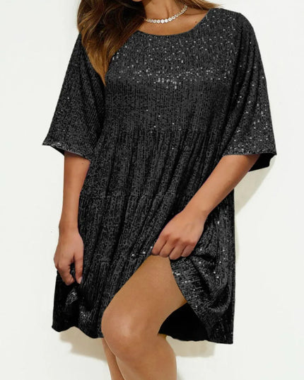 Sequin Round Neck Half Sleeve Mini Dress