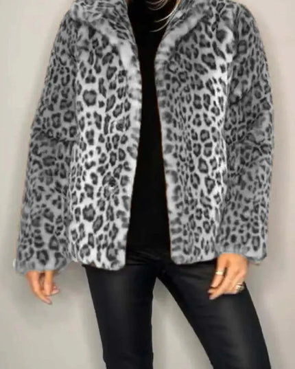 Full Size Leopard Furry Collared Neck Long Sleeve Coat - ShopEasier