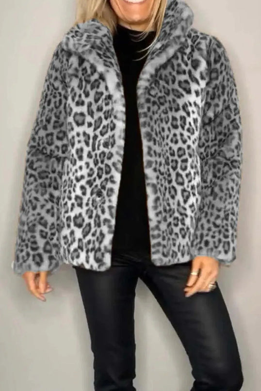 Full Size Leopard Furry Collared Neck Long Sleeve Coat - ShopEasier