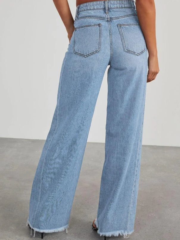 Raw Hem Wide Leg Jeans with Pockets - ShopEasier