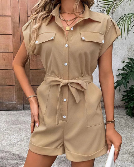 Perfee Collared Neck Tie Waist Romper with Pockets - ShopEasier