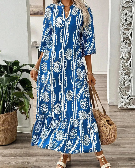 Printed Notched Half Sleeve Maxi Dress