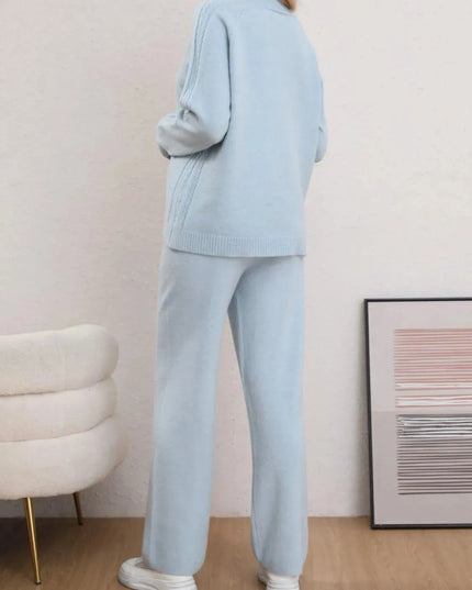 Mock Neck Long Sleeve Top and Pants Sweater Set - ShopEasier