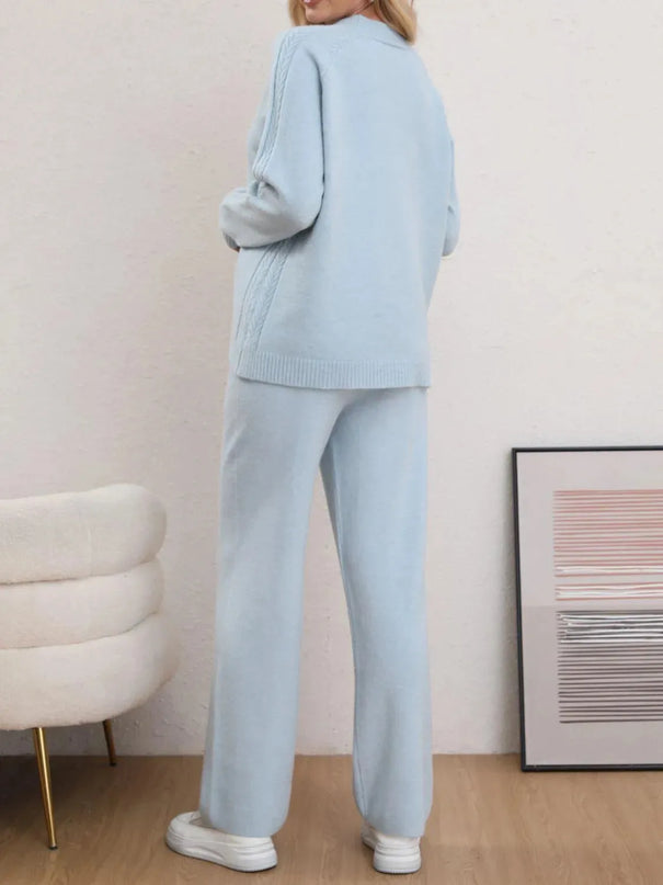 Mock Neck Long Sleeve Top and Pants Sweater Set - ShopEasier