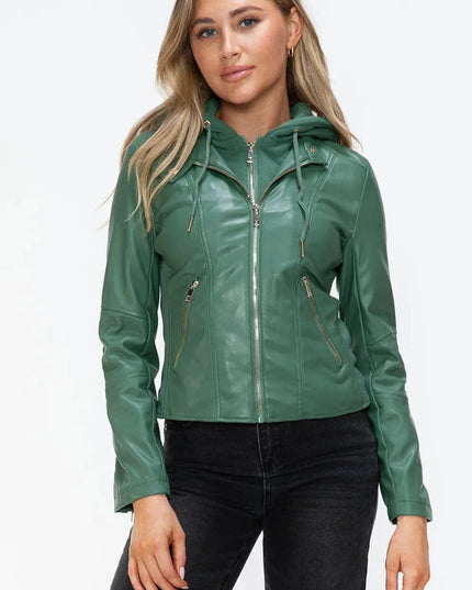 Snobbish Faux Leather Zip Up Drawstring Hooded Jacket - ShopEasier