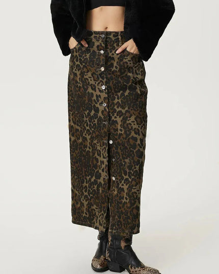 Leopard Button Up Denim Skirt - ShopEasier