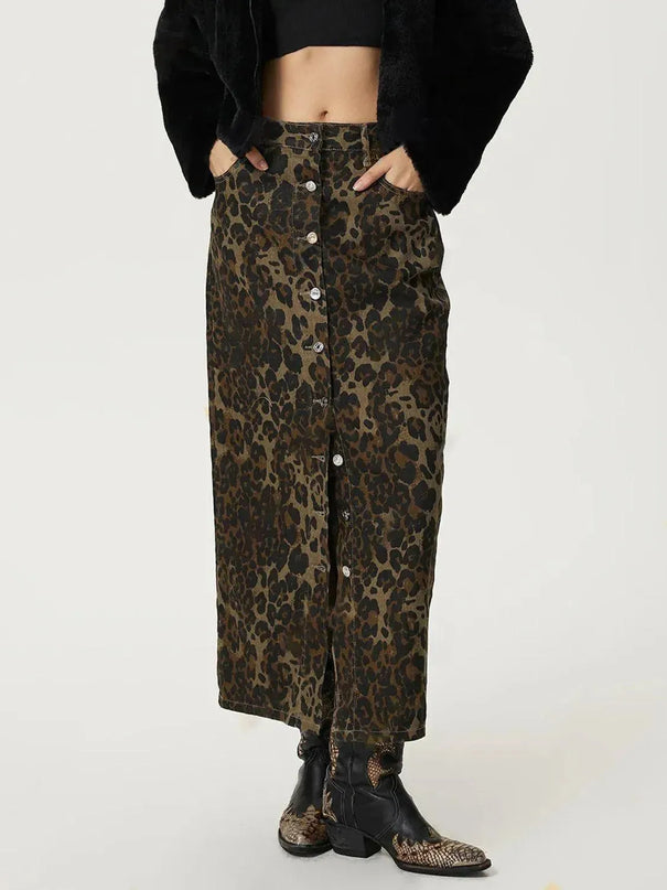 Leopard Button Up Denim Skirt - ShopEasier