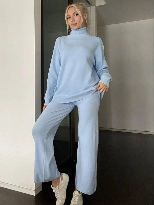 Turtleneck Long Sleeve Top and Drawstring Pants Sweater Set - ShopEasier