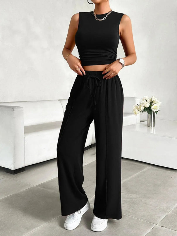 Devine Mock Neck Sleeveless Top and Drawstring Pants Set - ShopEasier