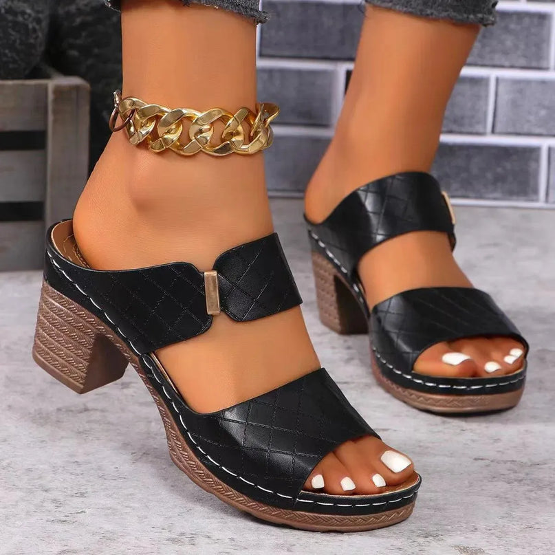 Stylish PU Leather Mid Heel Sandals