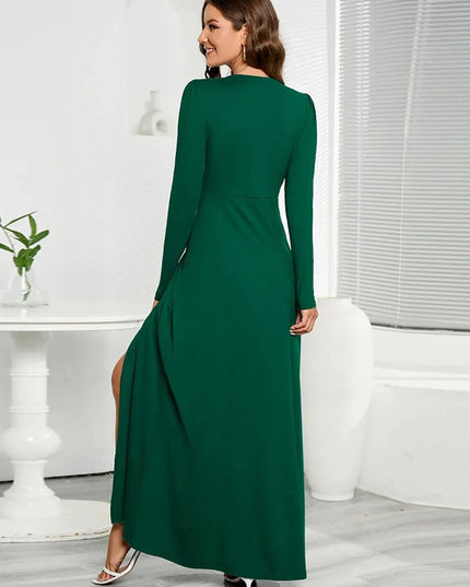 V-Neck Long Sleeve Split Dress - ShopEasier