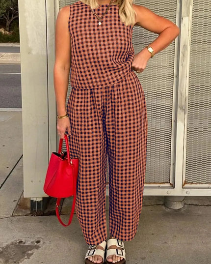 Lovelet Plaid Round Neck Sleeveless Top and Pants Set