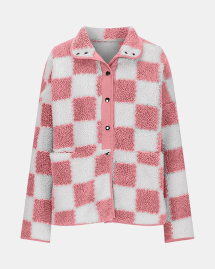 Checkered Snap Down Long Sleeve Teddy Jacket - ShopEasier