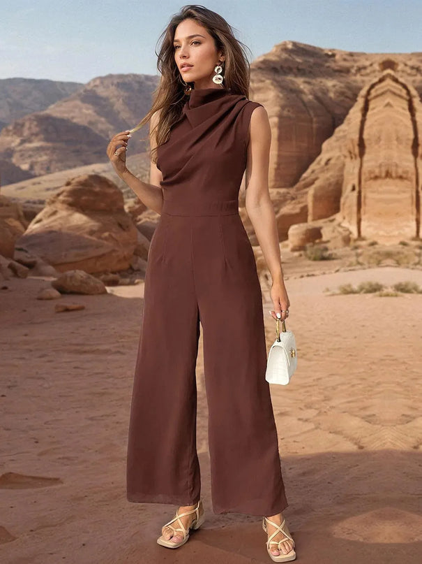 Perfee Ruched Mock Neck Sleeveless Jumpsuit - ShopEasier