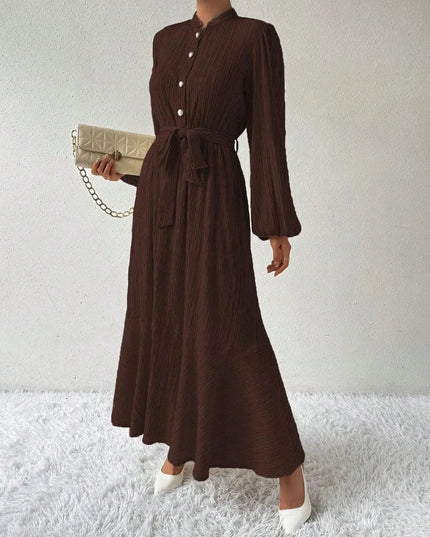 Half Button Tie Waist Long Sleeve Maxi Dress