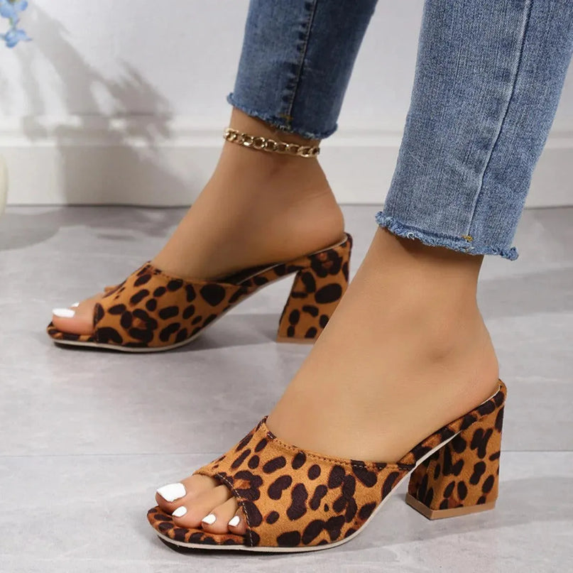 Leopard Print Suede Mid Heel Sandals